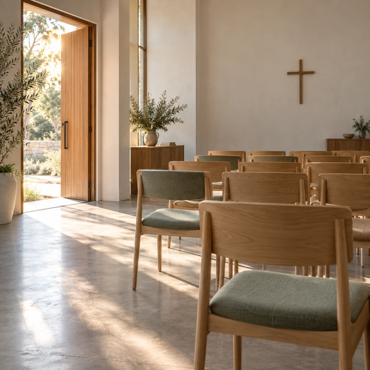 Illustrative church interior with morning light falling across timber chairs